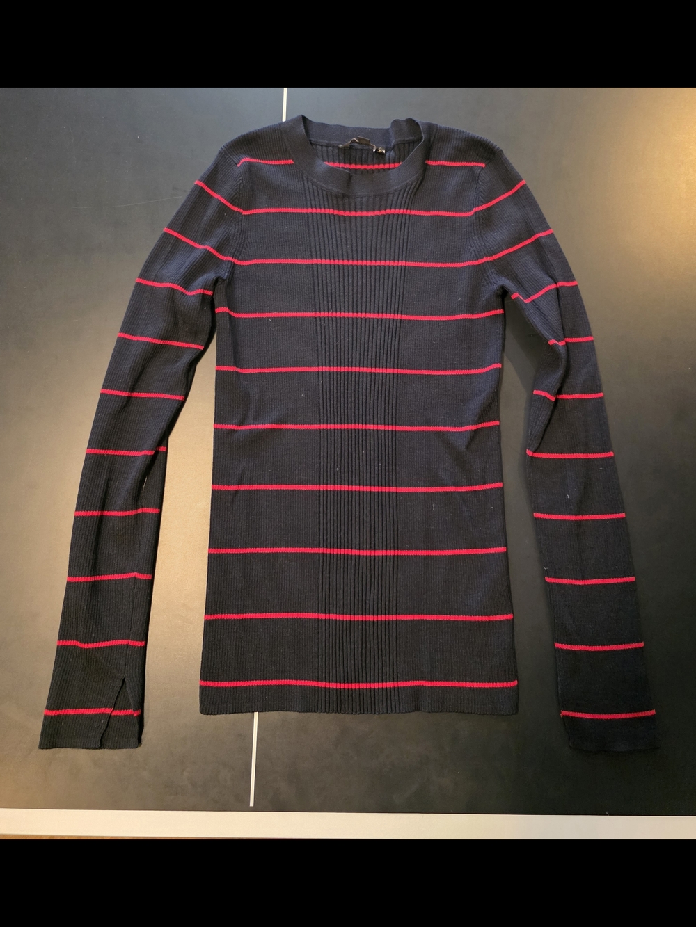 Athleta Navy Ribbed Crew with Red Stripe Accents